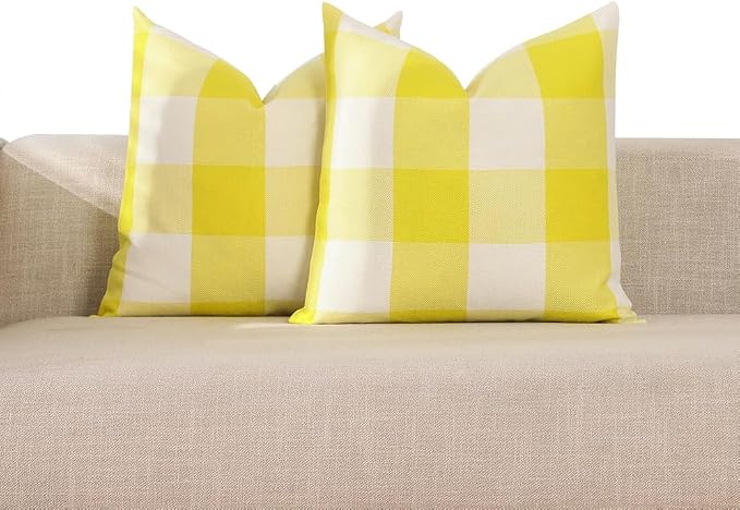 CARRIE HOME Yellow Plaid Throw Pillow Covers 20x20 Set of 2, Light Yellow Outdoor Checkered Decorative Couch Pillow Covers 20 x 20, Front and Back Porch Decor Pillows for Patio Furniture