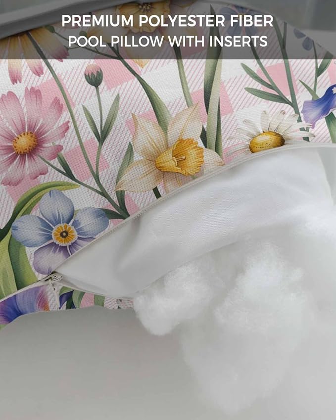 Wildflowers Outdoor Recliner Pillows for Head, Waterproof Chair Pillow with Elastic Stripe, Spring Watercolor Tulip Floral Leaf Pink Plaid Chaise Lounge Headrest Pillow for Patio/Beach 1Pack, 11"x16"