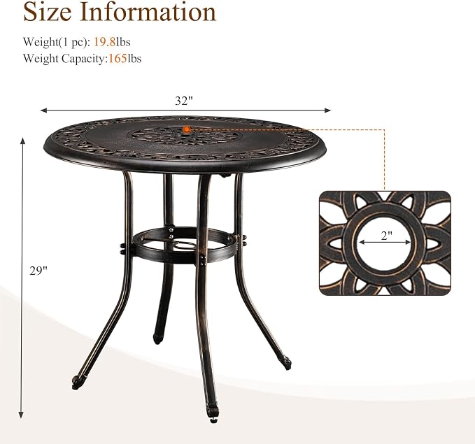 VINGLI 3 Pieces Outdoor Patio Table and Chairs Set with Umbrella Hole, Cast Aluminum Outdoor Dining Set with 2 Chairs and One Table for Yard, Garden, Porch and Poolside, Bronze