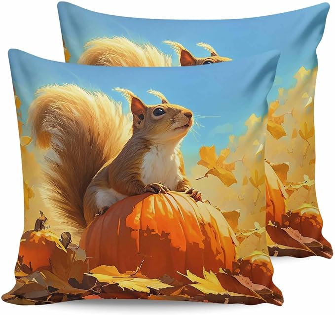 Outdoor Waterproof Throw Pillow Covers 24x24in, Fall Autumn Harvest Squirrels Cushions for Garden Patio Furniture Chairs Set of 2, Pumpkins Maple Leaves Home Decor Couch Sofa Polyester Pillow Cases