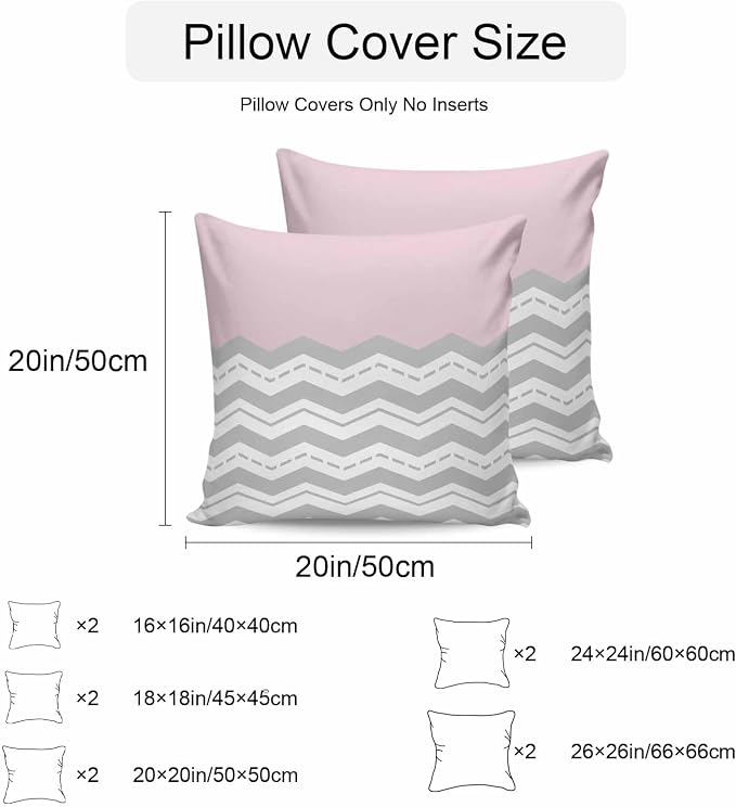 Grey Chevron Waterproof Outdoor Pillow Covers Set of 2 Home Decor, Geometric Pink Print Wavy Striped White Pillowcase Patio Pillow Covers for Couch Bench Furniture Garden 26x26in