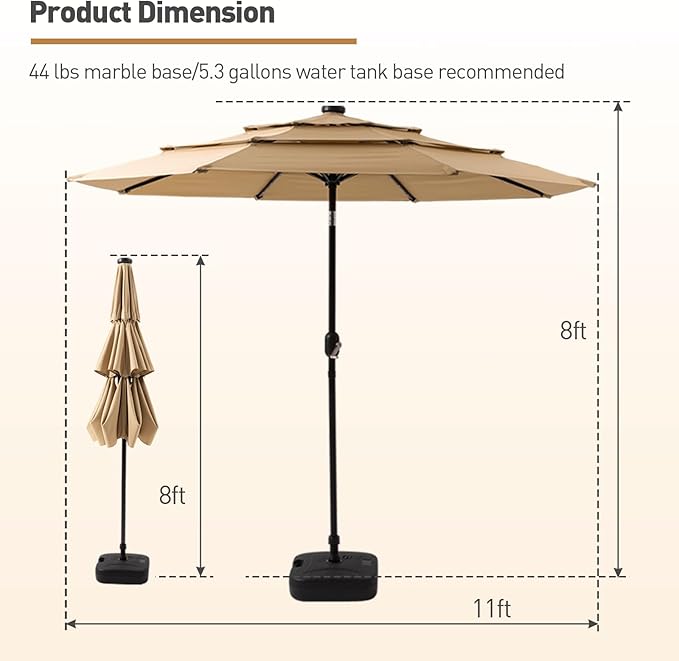 COSIEST 11FT 3 Tiers Patio Umbrella for Outside, Outdoor Umbrella with Solar LED Lights, Market Patio Table Umbrella with 8 Sturdy Ribs for Garden, Pool, Backyard