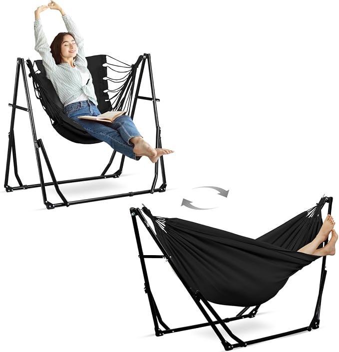 Hammock with Portable Steel Stand and Carrying Bag for Outside,Easy Set Up for Outdoor,Indoor,Backyard,Patio,Camping,Garden,Trip (Black)