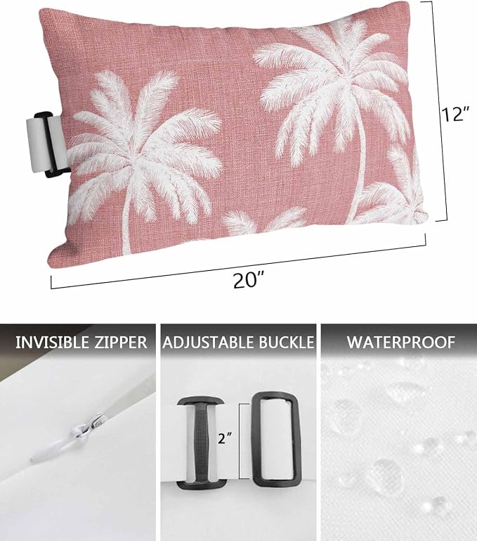 Pack of 2 Outdoor Lumbar Pillow Covers 12x20 Inch, Pink Palm Trees Waterproof Throw Pillow Covers Set, Farmhouse Tropical Summer Beach Indoor&Outdoor Decorative Cushion Cases for Patio Porch Car
