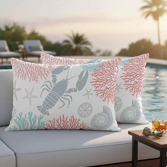 Teal Red Coastal Waterproof Outdoor Pillow Covers Set of 2 Home Decor Summer Lobster Coral Nautical Pillowcase Patio Pillow Covers for Couch Bench Patio Furniture Garden 20x12in