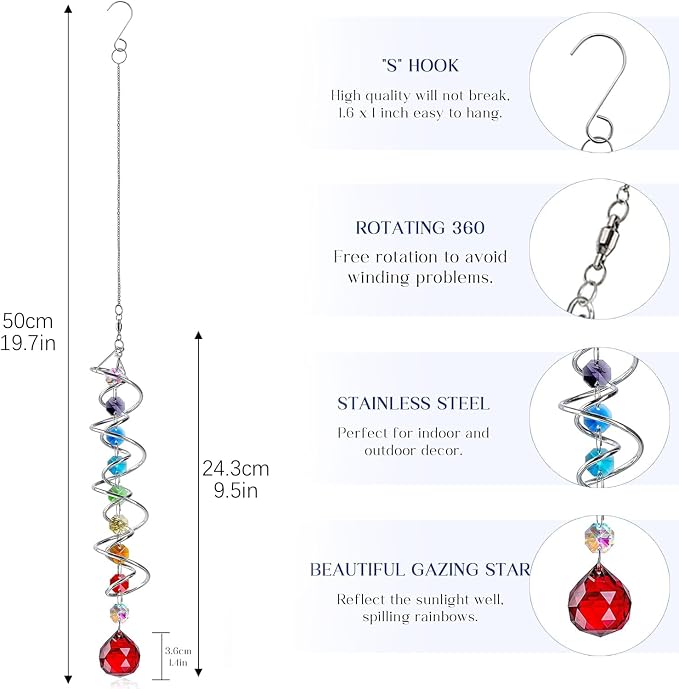 7 Pcs Crystal Gazing Ball Spiral Wind Spinner Suncatcher Garden Decor | Crystal Suncatcher Wind Spinner with Spiral Tail Gazing Ball Swivel Hook Hanging for Indoor Outdoor Yard Garden Home Decor