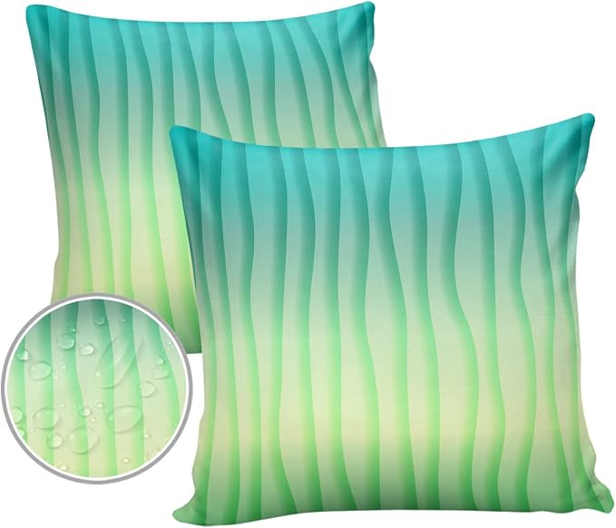 Outdoor Waterproof Pillow Covers Set of 2, Summer Abstract Geometric Gradient Turquoise Ocean Wave Patio Throw Pillow Covers, Decorative Cushion Case for Couch Sofa Furniture Garden, 18x18 Inch