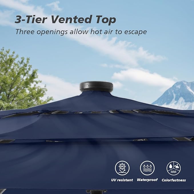 HOMPUS 11FT 3 Tiers Solar LED Patio Umbrella for Outside, Outdoor Market Umbrella with Push Button Tilt, Pool Umbrella w 40 LEDs for Backyard, Deck, Garden, Navy Blue