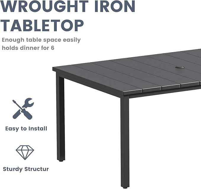 VICLLAX 7 Pieces Patio Outdoor Dining Set, 63" Rectangular Metal Dining Table with Umbrella Hole and 6 Stackable Textilene Chairs for Lawn, Garden, Porch, Black/Red