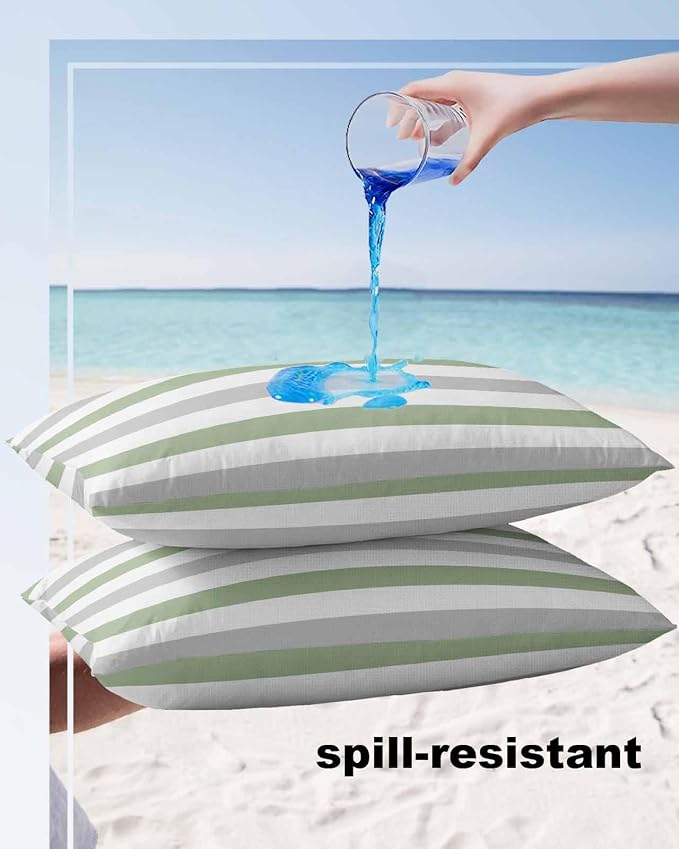 Outdoor Waterproof Throw Pillow Covers 20x12Inch, Spring Stripes Sage Green Cushions for Garden Patio Furniture Chairs Set of 2, Grey Home Decor Couch Sofa Polyester Pillow Cases