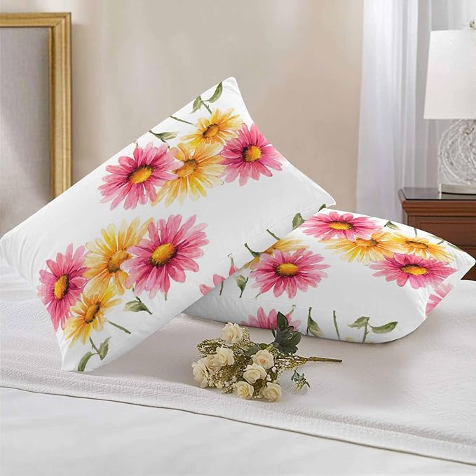 Yellow Pink Daisy Outdoor Pillow Covers 20"x12" Set of 2, Rustic Farmhouse Boho Wildflowers Waterproof Throw Pillow Covers for Patio Furniture, Decorative Cushion Covers for Porch