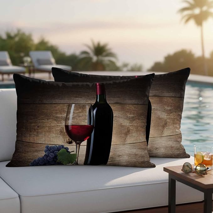 Red Wines Outdoor Pillow Covers 20x12 Inch Lumbar Pillow Covers Set of 2 Waterproof Decorative Throw Pillow Cases Grapes Vintage Wooden Grain Farmhouse Cushion Covers for Patio Furniture Garden Couch