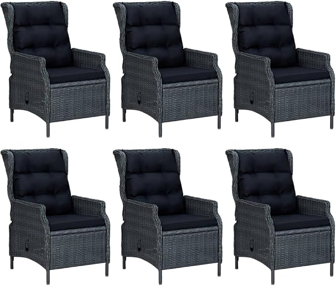 7 Piece Patio Dining Set Dark Gray Poly Rattan with 6 Reclining Chairs, Outdoor PE Rattan Dining Table & Chairs with Adjustable Backrest and Cushions for Garden, Deck, Backyard, Black Steel Frame