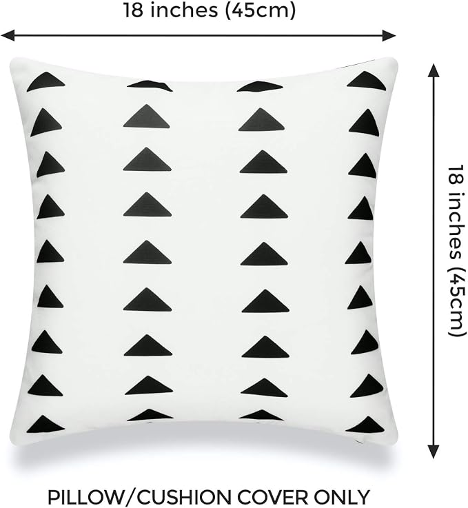 Hofdeco Mudcloth Inspired Patio Indoor Outdoor Pillow Cover ONLY for Backyard, Couch, Sofa, White Black Triangles, 18"x18"