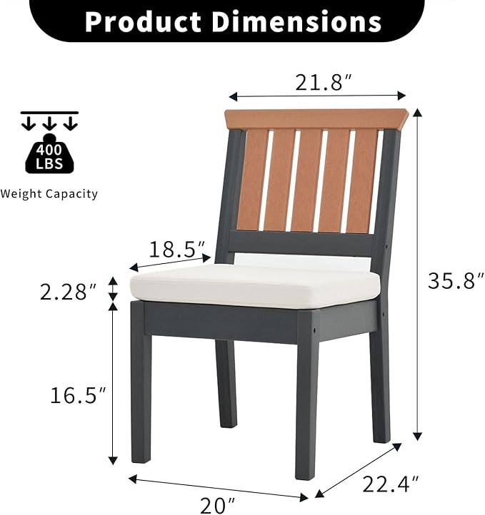 OTSUN Outdoor Dining Chairs, All-Weather HDPE Patio Armless Chairs with Cushion, Suitable Outdoor Dining Table