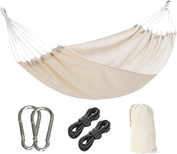 Camping Hammock, White Garden Cotton Hammock with Hanging Ropes and Storage Bag, Portable Hammock for Outdoor Indoor Patio Backyard Traveling Adventure (190x150cm)