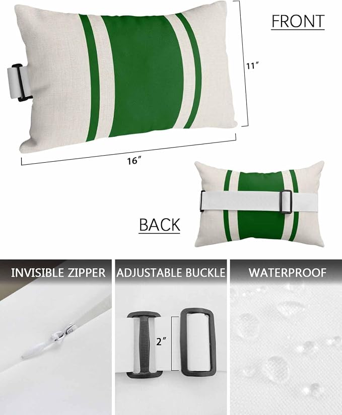 Outdoor Lumbar Pillows with Strap & Insert Green Stripe Lines Recliner Head Pillow Pack of 2 Linen Striped Waterproof Headrest Patio Lounge Chair Pillows for Beach Pool Office Chaise Chair 11x16 Inch