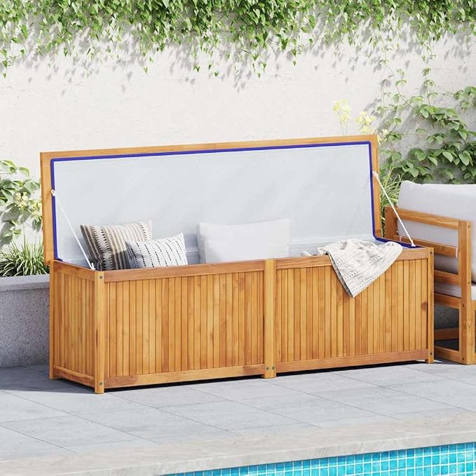 Solid Teak Wood Garden Storage Box, Large 68.9 Inch Outdoor Deck Chest for Patio Furniture Cushions and Gardening Tools, Natural Brown Finish Minimalist Design for Backyard Garage