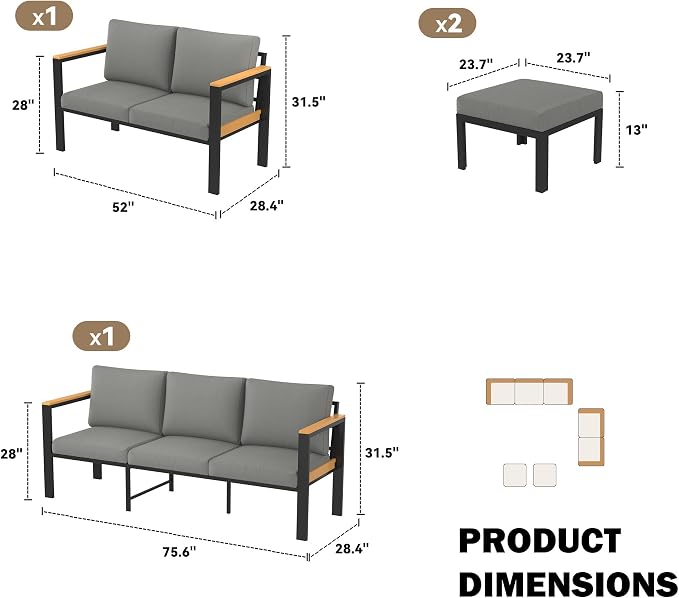 HOMREST 4 Piece Outdoor Patio Furniture Set, 7 Seat Oversized Outdoor Sectional Sofa with Washable Thick Cushions, Patio Conversation Set with Special Wide Armrest and Deep Seat, Gray