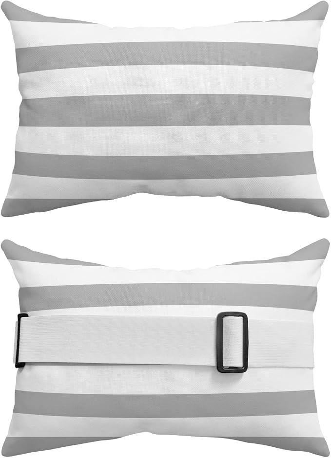 Grey Striped Outdoor Pillows with Insert Classic Grey and White Geometric Waterproof Patio Pillows with Adjustable Strap Decorative Head Recliner Lounger Chair Throw for Patio Furnitures, 1 Pack
