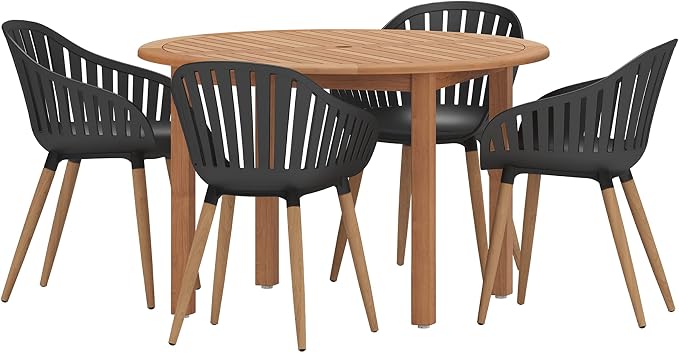 Urban Elements Nature 5-Piece Wood Patio Furniture Set | Teak Finish 100% FSC Eucalyptus | Backyard Furniture, Outside Table and Chairs, Round Outdoor Dining Set for 4, Patio Dining Set for 4 (Black)