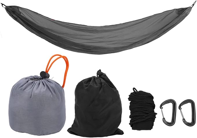 Portable Parachute Camping Hammock, Lightweight Outdoor Hammock with Aluminum Snap Hooks and Storage Bags, Compact Foldable Design for Hiking Backpacking Travel (Gray)