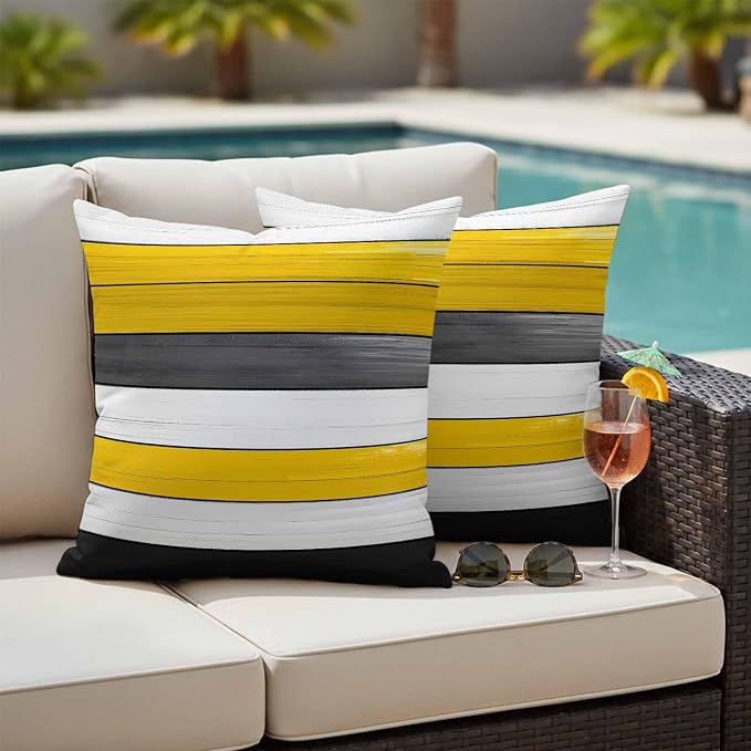 Yellow Black Outdoor Pillow Covers 20"x20" Set of 2, Striped Gradient Wood Grain Modern Art Waterproof Throw Pillow Covers for Patio Furniture, Decorative Cushion Covers for Porch