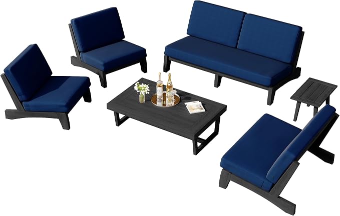 6 Piece Teak Outdoor Patio Frutnire Set, 7 Seater Patio Conversation Sets with Thick Cushions, Outdoor Sectional Furniture with Coffee Table - Navy Blue