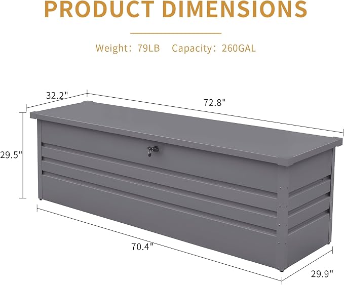 GOWE 260 Gallon Metal Outdoor Deck Box Waterproof, Extra Large Patio Storage Box with Lockable Storage Containers for Patio Furniture Cushions, Pool Accessories, Garden Tools Light Gray