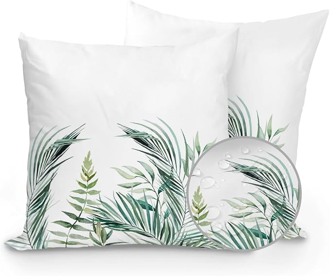 Outdoor Waterproof Throw Pillows Tropical Palm Leaves White Patio Pillows Pack of 2,Decorative Pillow Covers with Insert,Pillow Cushion Case for Garden Couch Sofa Pastoral Green Leaf Plant