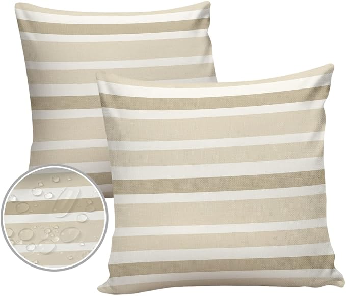 Outdoor Waterproof Pillow Covers for Patio Beige Stripe Farmhouse Decorative Throw Pillow Cover Beige White Stripe Pillowcases Set of 2 Cushion Case for Sofa Couch Chair Home Decor 16 x 16 Inches