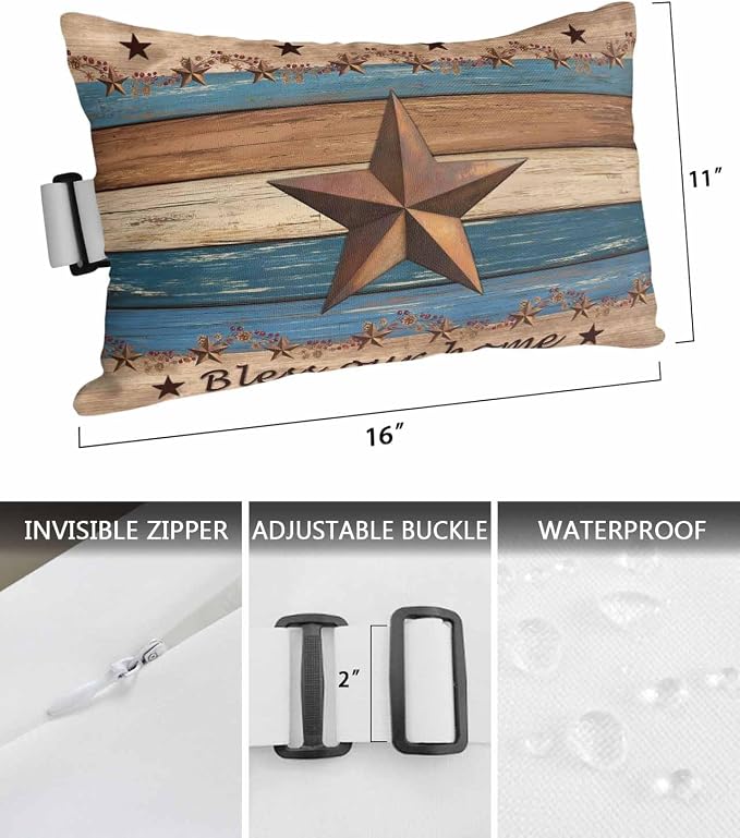 Western Texas Star Retro Outdoor Pillows for Chaise Lounge Chair Beach Headrest Pillow Set of 2 Lumbar Pillows with Insert&Strap Country Farmhouse Dark Blue Brown Wooden Neck Pillow for Pool 11"x16"