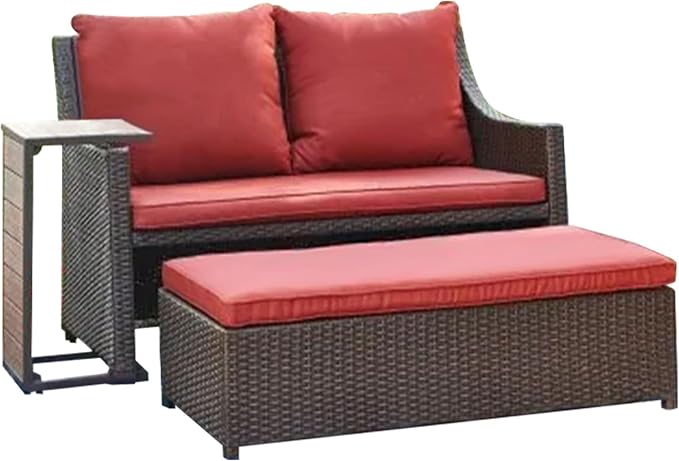 Four Seasons Courtyard Redington All-Weather Chic 3 Piece Outdoor Patio Seating Furniture Set with Cushioned Loveseat, Side Table, and Ottoman, Red
