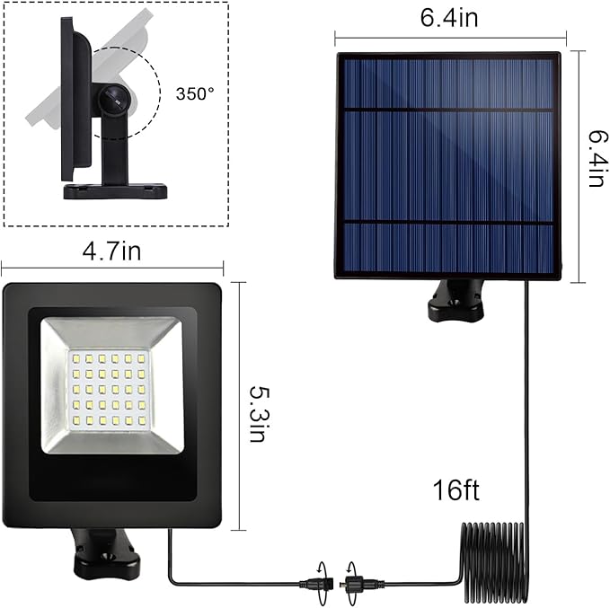 Solar Flood Lights Outdoor with 16FT Cable Dusk to Dawn 4400mAh LED Solar Spot Light Waterproof 3000K for Porch, Backyard, Driveway, Warm White 2 Pack