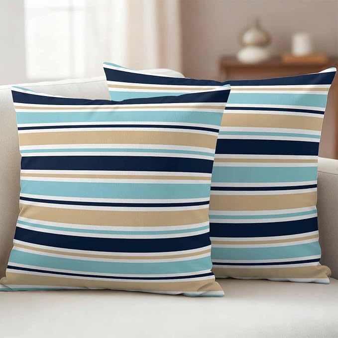 Khaki Striped Outdoor Pillow Cover 24x24 Inch Cushion Sham Case, Navy Blue Farmhouse Stripes Modern Abstract Art Waterproof Decorative Square Throw Pillowcase for Outside Garden Patio Porch Couch