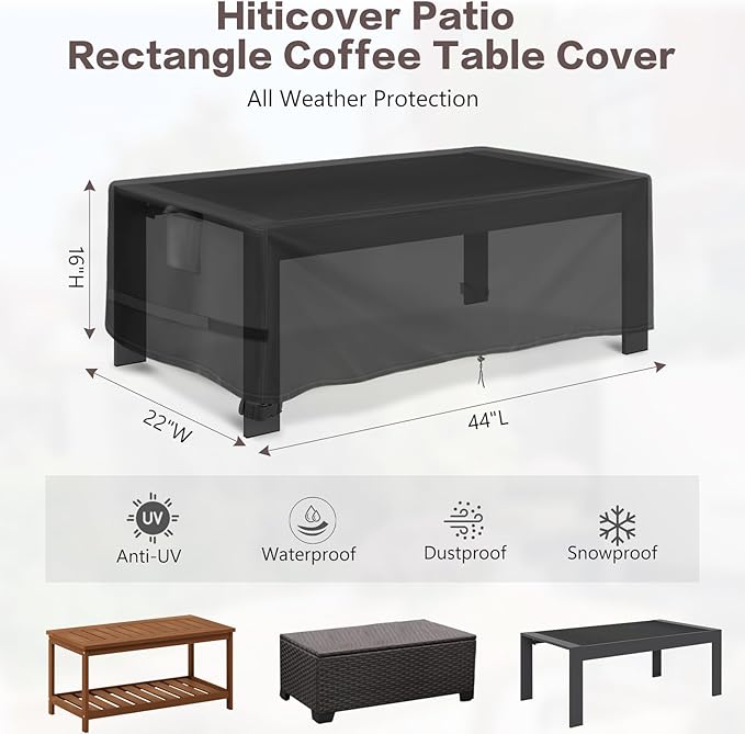 Outdoor Coffee Table Cover Rectangle, 44 Inch Waterproof Patio Rectangular Coffee Table Cover, Outdoor Small Furniture Covers for Winter, Rainproof Fade Resistant - 44 x 22 x 16 Inch