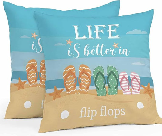 Outdoor Waterproof Pillow Covers for Patio Furniture Summer Beach Decorative Throw Pillow Cover Life Is Better in Flip Flops Pillowcases Set of 2 Cushion Case for Sofa Couch Chair Home Decor 18x18inch