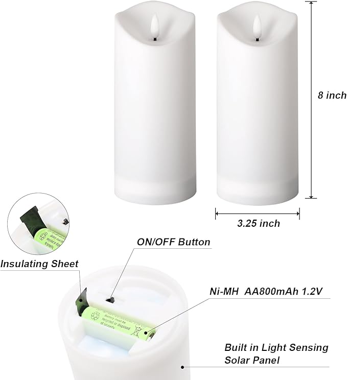 Solar Garden Decor for Outside-Solar Candles Outdoor Waterproof, Flameless LED Candles Rechargeable, Solar Powered Candles Dusk to Dawn for Patio Lantern Garden Table Decorations, Set of 2, 3.25" x 8"