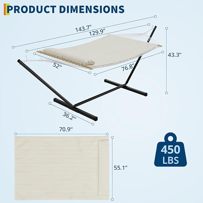 Double Hammock with Stand, Cotton Rope Hammock with Polyester Pad and Pillow, 450LBS Capacity,Large Hammock for Patio Backyard Poolside - Off White