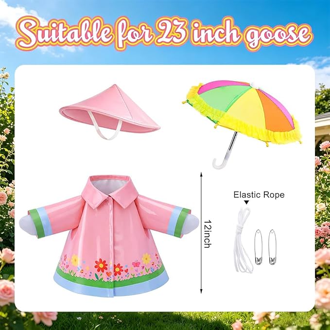 Raincoat Porch Goose Outfits with Umbrella Hat, Goose Spring Outfit Lawn Goose Raincoat Clothes Costume Fits 23" Geese Statue, Summer Garden Lawn Patio Yard Outdoor Decor (Raincoat-pink flower)