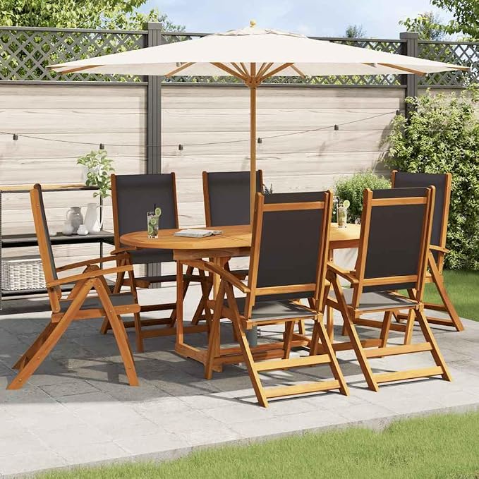 7 Piece Patio Dining Set Solid Acacia Wood Extendable Table and 6 Folding Chairs with 5 Positions, Weather-Resistant Outdoor Furniture for Garden Terrace Backyard Entertaining, Easy Dark Oil Finish