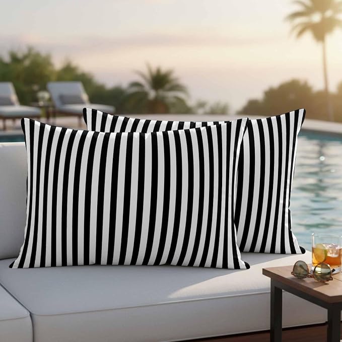 Lumbar Pillow Covers 20x12 Inch Set of 2, Black White Stripe Waterproof Outdoor Cushion Covers, Modern Minimalist Geometric Striped Decorative Pillowcases for Couch, Sofa, Bed, Garden, Patio