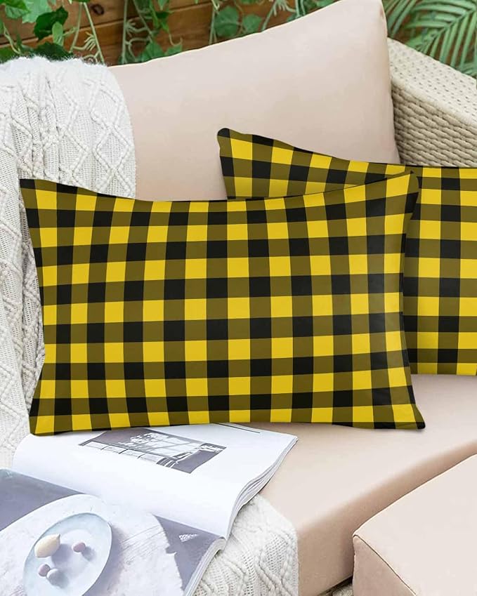 Outdoor Waterproof Throw Pillow Covers Set of 2 Yellow Buffalo Plaid Lumbar Pillowcases 20x12 Inches Pastoral Black Checked Decorative Pillows Cushion Case Patio Pillows for Couch Bed Chair Garden
