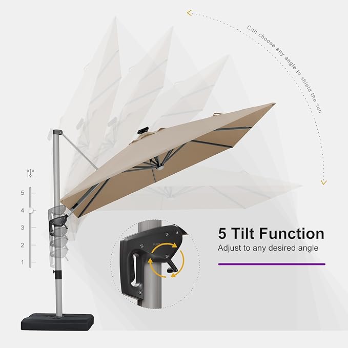 PURPLE LEAF 9' X 12' Patio Umbrella with Lights Outdoor Rectangle Cantilever Umbrella Solar Powered LED with 360-degree Rotation for Garden Deck Pool Patio, Beige