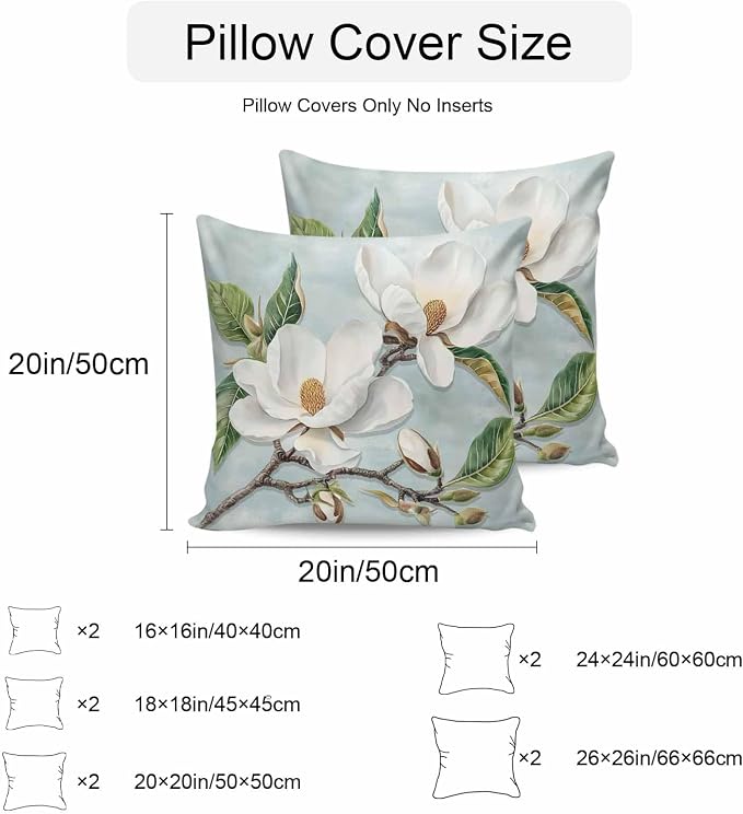 Waterproof Pillow Covers for Couch Throw Pillow Cases Set of 2, Farmhouse White Magnolia Flower Decorative Cushion Pillow Covers 18x18In,Indoor Outdoor Decoration Abstract Floral Oil Painting Texture