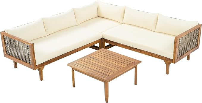 LUMISOL 4-Piece Outdoor Acacia Wood Sofa Set with Water Resistant Cushions, All Weather Patio Conversation Set with Coffee Table for Garden, Backyard, Poolside, Teak+Beige