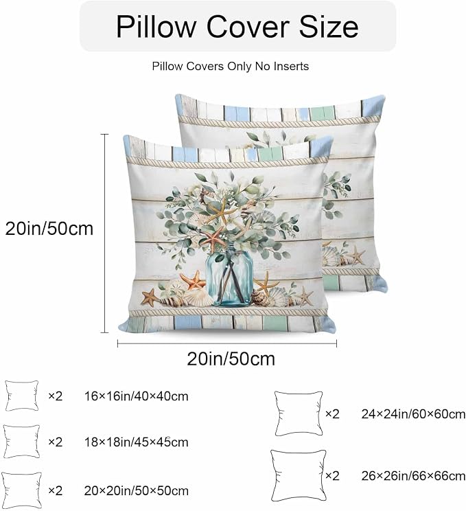 Green Eucalyptus Waterproof Outdoor Pillow Covers Set of 2 Home Decor, Botanical Floral Starfish in Vase Pillowcase Patio Pillow Covers for Couch Bench Furniture Garden 18x18in
