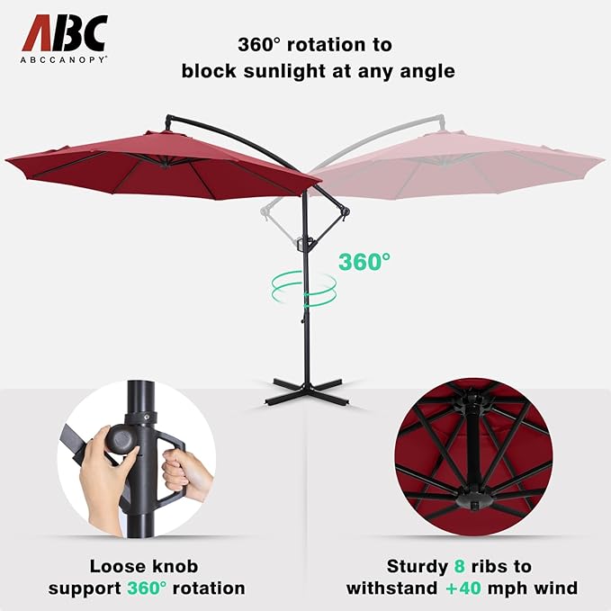 ABCCANOPY 10FT Cantilever Patio Umbrella with base included, 360° Rotation Outdoor Offset Umbrella for Backyard, Deck, Poolside (Burgundy)