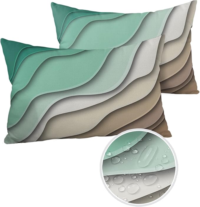 Outdoor Waterproof Pillow Covers for Patio Furniture Green Modern Geometric Decorative Throw Pillow Cover Brown Ombre Abstract Pillowcases Set of 2 Cushion Case for Sofa Couch 20 x 12 Inches