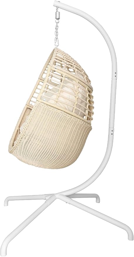 Eremi Hanging Egg Chair with Stand, Indoor Outdoor Wicker Rattan Swing Hammock Chair for Patio Porch Bedroom, Beige Cushioned Lounge Chair, 400 LBS Capacity